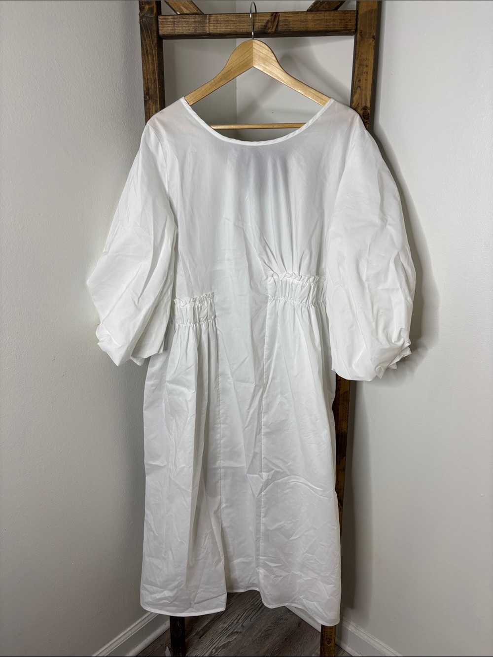 TOV Women's White Puff-Sleeve Midi Dress with Smocked Waist Size 42